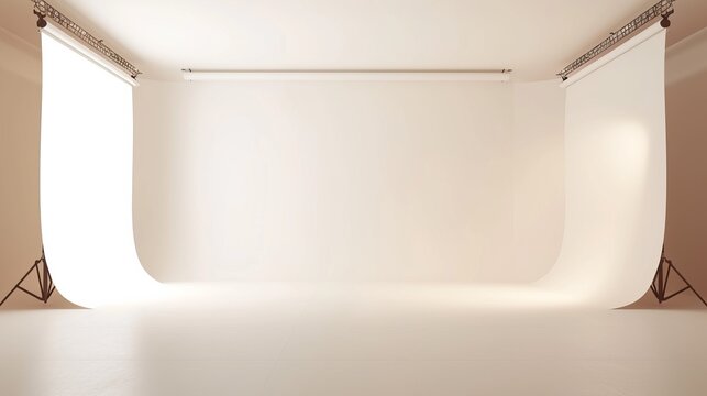 A contemporary photo studio bathed in warm lighting with a soft, cream-colored seamless background