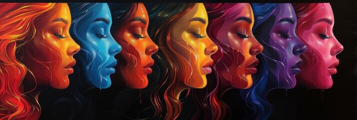 Colorful illustration of group portraits with beautiful women, faces in profile and closeup in the style of digital painting