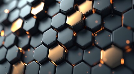 A 3D illustration of dark hexagonal shapes with glowing edges, presenting a futuristic vibe