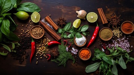 An array of fresh herbs and spices neatly arranged on a rustic dark wooden table, invoking a sense of organic culinary artistry