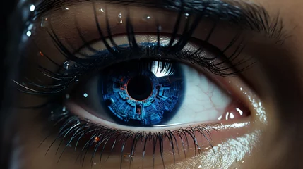 Fototapeten Close up of a female eye with a blue iris and a reflection © Daniel FerBau