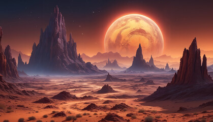 A desert alien landscape with a large red moon in the sky, surrounded by mountains. The terrain appears to be barren and empty, with no visible signs of life or vegetation. - obrazy, fototapety, plakaty