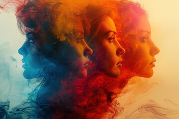 Fototapeta premium Abstract female faces in profile, multi exposure, digital art style