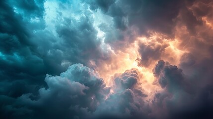A surreal display of clouds illuminated by sunlight and lightning, creating a powerful sky - obrazy, fototapety, plakaty