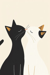 greeting card featuring two cats kissing, minimalist style, illustration, cute