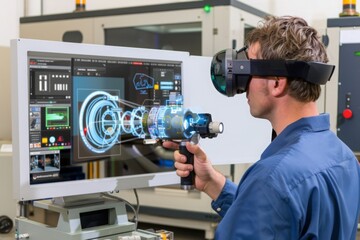 Engineer with AR glasses, overlaying digital instructions of a complex machine. Use of augmented reality in industry to simplify complex tasks and enhance efficiency.