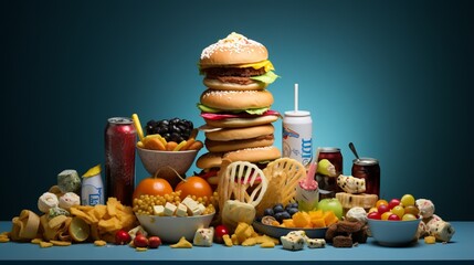 An eye-pleasing setup of junk food with cakes, burgers, and fizzy drinks, arranged against a teal...