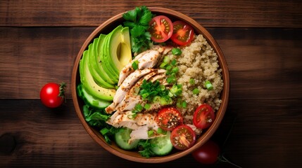 An inviting display of a grilled chicken and avocado salad on a wooden surface, conveying a fresh and healthy meal option