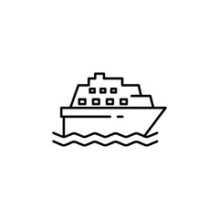 Obraz premium side view of transport ship icon, sign symbol simple line style. Concept of vehicles, transportation of goods, logistics and people. Vector illustration isolated on white background. 