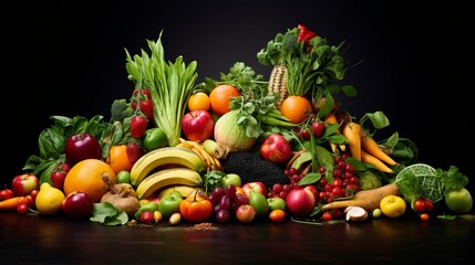 A vibrant display of fresh, assorted fruits and vegetables arranged artistically on a dark background