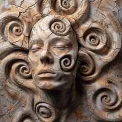 A sculpture of a face made of wood with carved spirals all over the surface.