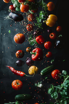 create amazing ,food photography, vegetables flying, Hasselblad, film, moody