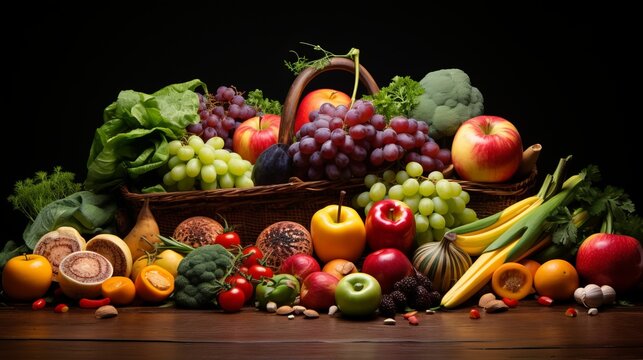 A rustic basket full of fresh fruits and vegetables, depicting natural simplicity and farm to table concept