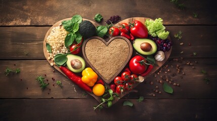 Nutritious foods artistically arranged in a heart shape on rustic wood surface, symbolizing love...
