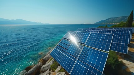 Solar Panels by the Water's Edge on a Sunny Day
