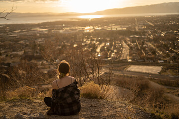 Woman Sitting Sunset Cityscape Active Hiking Travel Peaceful Pondering