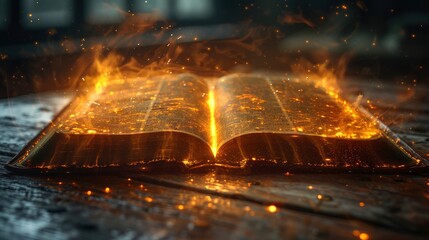 A glowing open Bible on an old wooden table, symbolizing the illuminated word of God and spiritual wisdom - obrazy, fototapety, plakaty