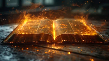 Fotobehang A glowing open Bible on an old wooden table, symbolizing the illuminated word of God and spiritual wisdom © Photo Designer 4k