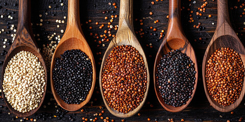 Red, black and white quinoa grains in a wooden spoon. Healthy food background. Seeds of white, red...