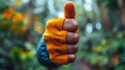A hand wearing an orange glove with thumb up. - obrazy, fototapety, plakaty