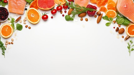 A variety of healthy foods including fish, fruits, nuts, and herbs neatly organized around a...