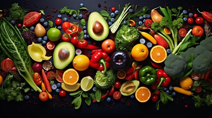 A large selection of fresh, colorful vegetables and fruits spread over a dark surface showing abundance and health