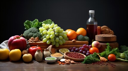 A serene composition featuring assorted fruits, nuts, and a bottle of oil on a wooden surface with soft lighting