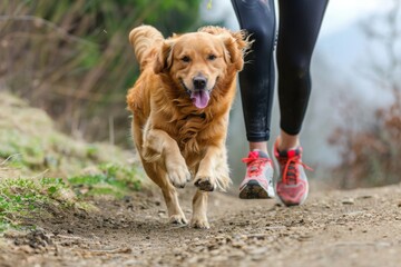 Dog running with its owner in mountain landscape. Active, healthy and adventurous lifestyle shared together between a pet and its owner. Strong bond while exploring the great outdoors. Freedom feeling