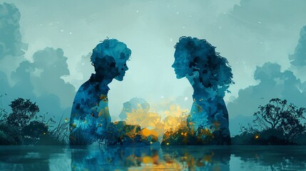 A double exposure illustration of two silhouettes who conveys both emotionality and depth between them. - obrazy, fototapety, plakaty