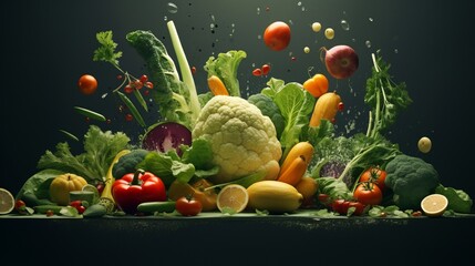 Vibrant, fresh vegetables and fruits frozen in mid-air against a dark background, showcasing freshness and healthy eating