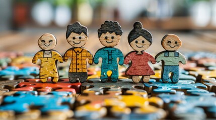 Wooden puzzle pieces with figures of smiling children, representing the concept of inclusion with autism children.
