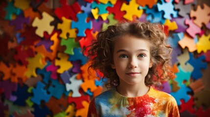 A young girl with curly hair stands in front of colorful puzzle pieces, symbolizing the mental health awareness.