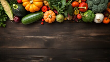 A seasonal collection of pumpkins and vegetables on a rustic wooden surface with space for text - obrazy, fototapety, plakaty