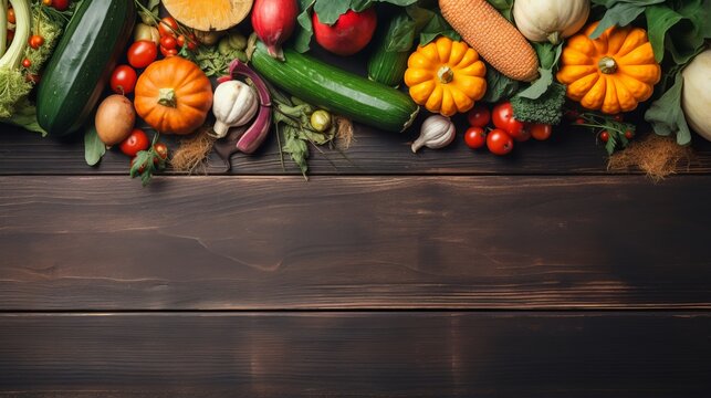 An array of colorful vegetables neatly arranged on rustic wooden background, showcasing nature's bounty