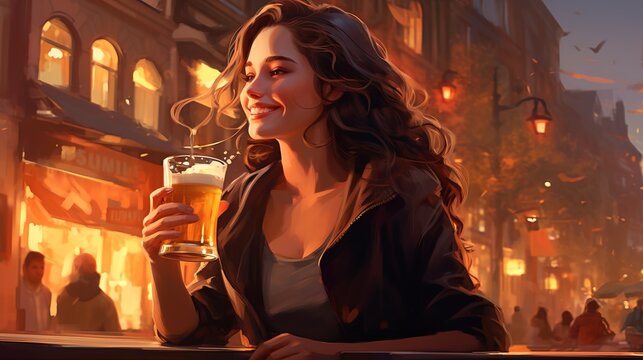 Digital artwork of a woman holding a pint of beer in a busy street during evening