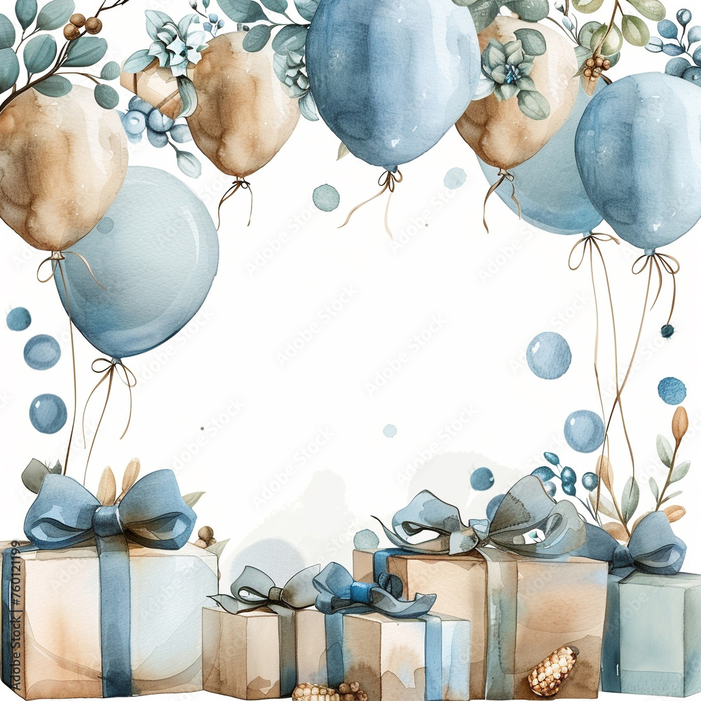 Canvas Prints boho party border with gifts and balloons , in pastel watercolor pencil style, border soft blue and 