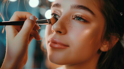 young woman applying eye shadow on her face at home
