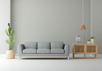 Gray sofa in living room with free space for mockup, 3D rendering