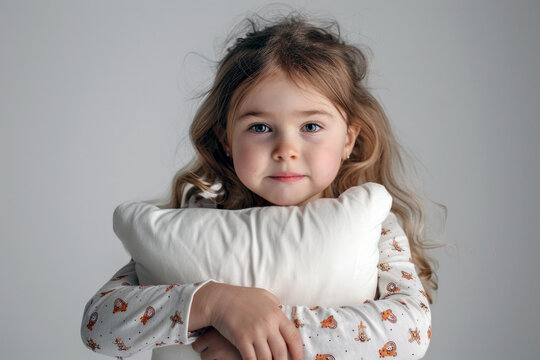 A little girl holding a pillow in her arms, photorealistic ai image on grey background