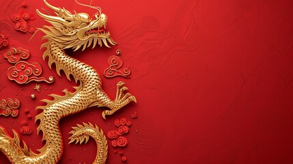 Obraz premium Intricate golden dragon sculpture set against a textured red background, symbolizing power and fortune