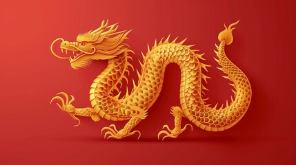 A 3D golden Chinese dragon twists with intricate scales on a single-toned red surface