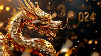 Golden dragon depiction heralding in the 2024 New Year amidst glittering golden ambiance