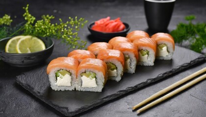 Salmon sushi rolls on a dark background. Generated with AI