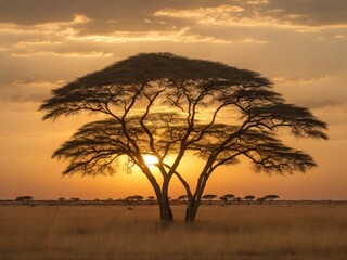 African savannah view at sunset. Generated with AI