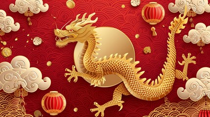 A golden dragon dances among stylized red waves in this image symbolizing the flow of energy and good luck in Chinese culture