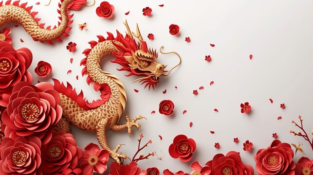 This captivating image features a red and gold dragon entwined amongst bold red flowers on a clean white backdrop