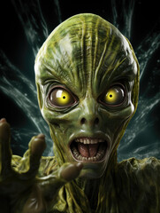 Scary threatening green extraterrestrial alien invader looking at the camera