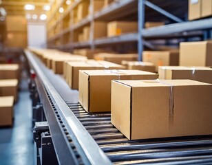 Cardboard box packages seamlessly moving along a conveyor belt in a warehouse. Generated with AI