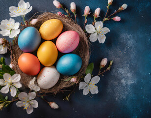 Fototapeta na wymiar Top view of colorful Easter eggs with spring flowers on a dark blue background. Generated with AI