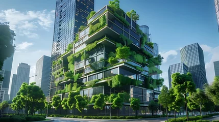 Fotobehang office building.  Eco-friendly building in a modern city. Eco-friendly glass office building with green space to reduce carbon emissions. © Soul